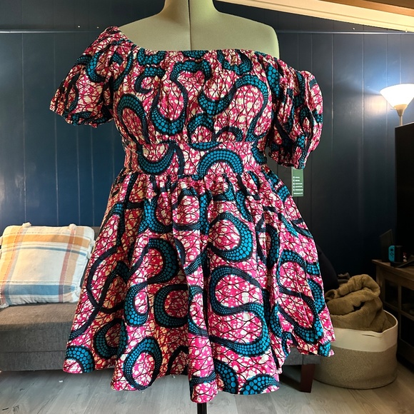 ÖFUURË African Print Off-Shoulder Mini Dress L/XL - Picture 1 of 8